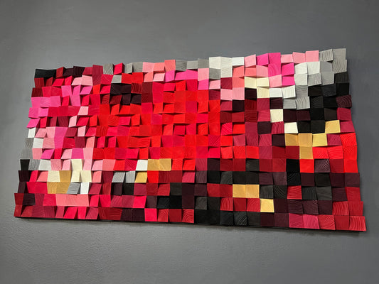 Splash of Emotions 3D wooden acoustic wall art by WoodenPix in red, pink, and gold tones.