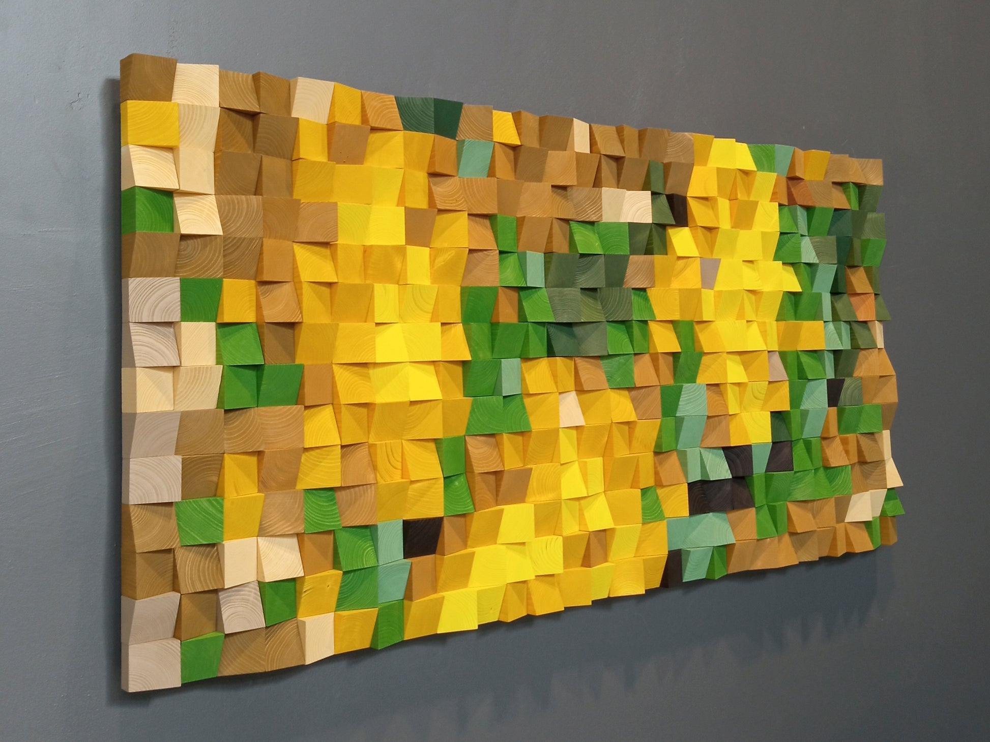 Still Life 3D wooden acoustic panel by WoodenPix featuring yellow and green geometric wood blocks.