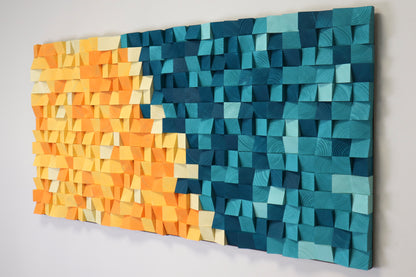 Sunny Lagoon 3D wooden wall art by WoodenPix featuring ocean blue and sun-yellow geometric wooden blocks.