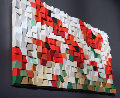 Modern wooden wall panel with geometric depth and vibrant color palette, handcrafted by WoodenPix.